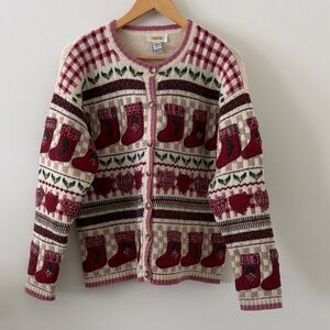 Talbots RARE Christmas Stocking Hearts Mistletoe Cardigan Sweater Size Large